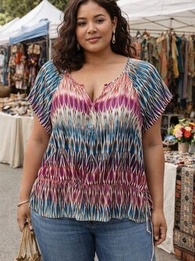 a.n.a Multi-Color Ikat Print Peasant Sheer Top 1X